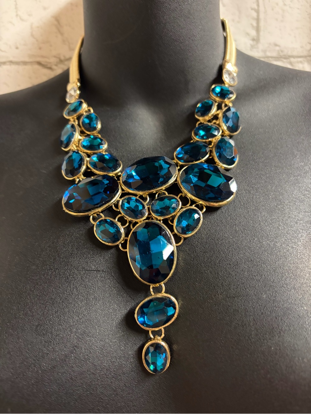 Ever Faith Gold-Tone Necklace with Deep Teal Blue Oval Rhinestones
